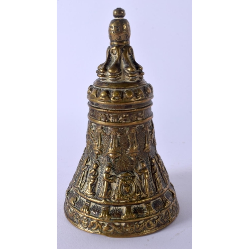 398 - AN 18TH CENTURY EUROPEAN BRONZE BELL decorated in relief with figures in various pursuits, the top e... 