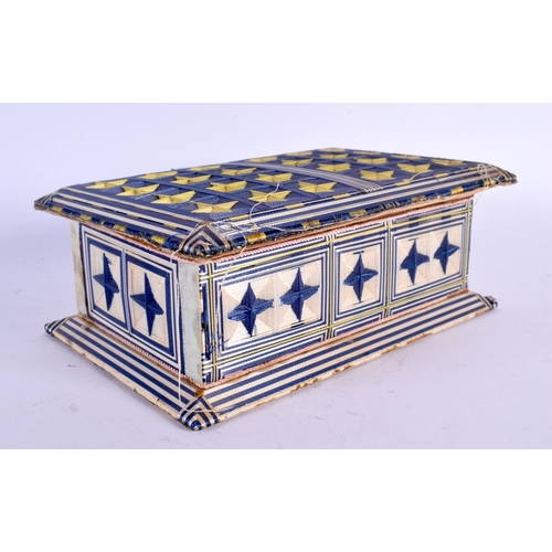 409 - A 19TH CENTURY EMBROIDERED SEWING BOX AND COVER possibly American Folk Art. 18 cm x 12 cm.