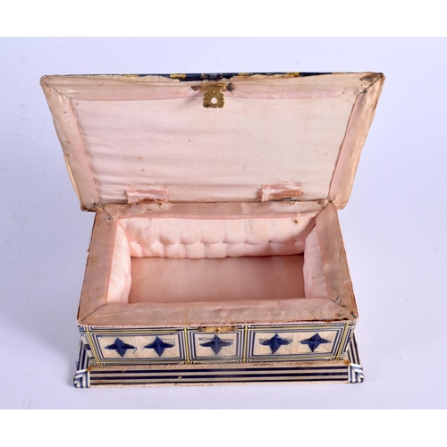 409 - A 19TH CENTURY EMBROIDERED SEWING BOX AND COVER possibly American Folk Art. 18 cm x 12 cm.