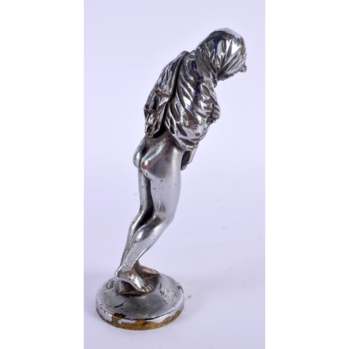 422 - AN ART DECO CHROME FIGURAL CAR MASCOT. 16 cm high.