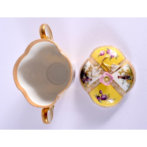 43 - A DRESDEN AUGUSTUS REX PORCELAIN QUATREFOIL CHOCOLATE CUP COVER AND SAUCER. 13 cm wide. (2)