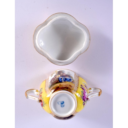 43 - A DRESDEN AUGUSTUS REX PORCELAIN QUATREFOIL CHOCOLATE CUP COVER AND SAUCER. 13 cm wide. (2)