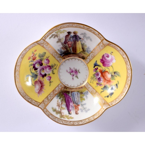 43 - A DRESDEN AUGUSTUS REX PORCELAIN QUATREFOIL CHOCOLATE CUP COVER AND SAUCER. 13 cm wide. (2)