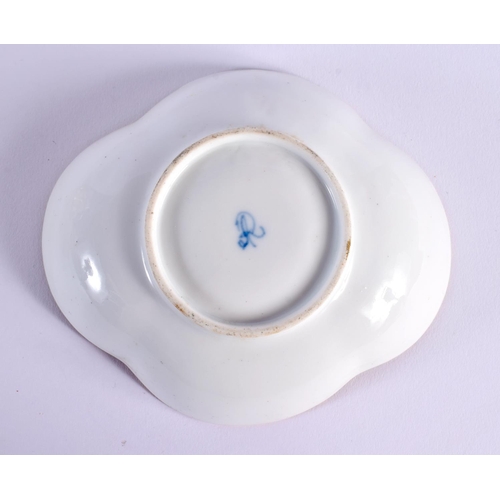 43 - A DRESDEN AUGUSTUS REX PORCELAIN QUATREFOIL CHOCOLATE CUP COVER AND SAUCER. 13 cm wide. (2)