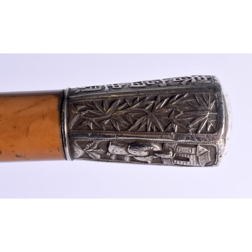 452 - A 19TH CENTURY CHINESE SILVER MOUNTED MALACCA WALKING CANE. 86 cm long.