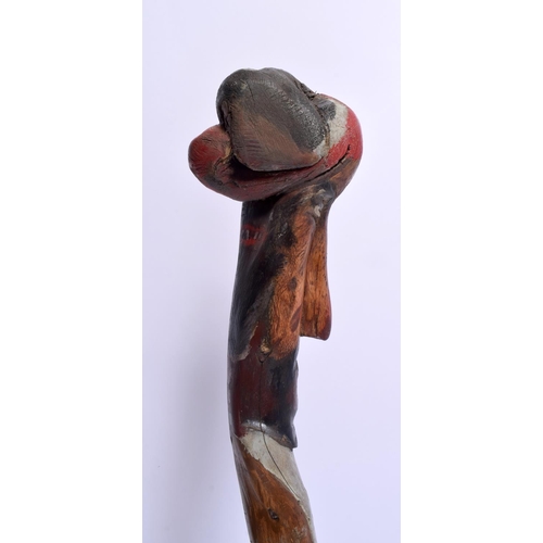 466 - A RARE ANTIQUE FOLK ART DOUBLE HEAD WALKING CANE. 86 cm long.