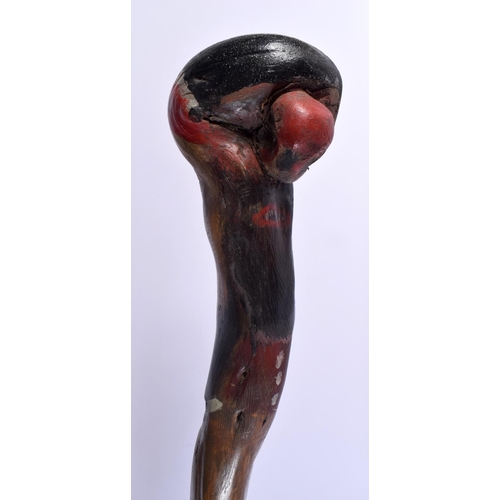 466 - A RARE ANTIQUE FOLK ART DOUBLE HEAD WALKING CANE. 86 cm long.