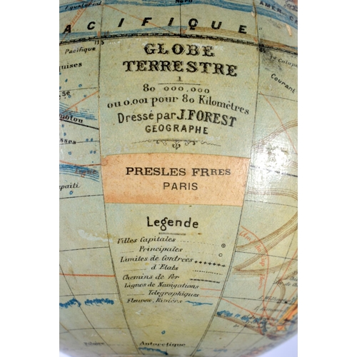 503 - A FRENCH GLOBE TERRESTRE J FOREST LEGENDE. 33 cm x 13 cm.