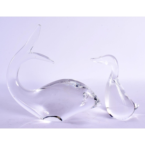 52 - A SWEDISH GLASS WHALE and a similar duck. Largest 18 cm x 21 cm. (2)