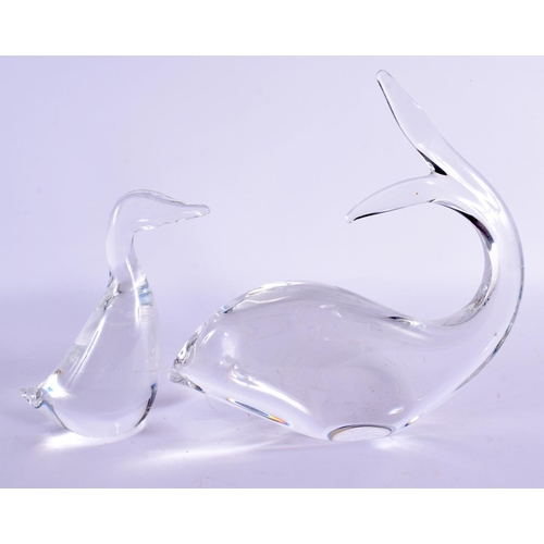 52 - A SWEDISH GLASS WHALE and a similar duck. Largest 18 cm x 21 cm. (2)