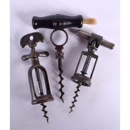 532 - THREE ANTIQUE CORKSCREWS. Largest 16 cm x 7 cm. (3)