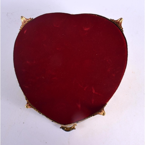 539 - A VINTAGE FRENCH GILT ENAMEL HEART SHAPED CASKET. 18 cm x 16 cm.