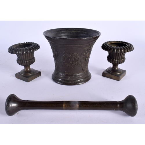 540 - A 19TH CENTURY EUROPEAN PESTLE AND MORTAR together with small pair of antique grand tour bronze urns... 