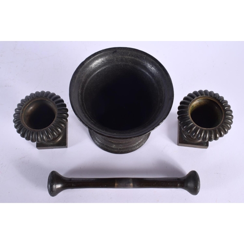 540 - A 19TH CENTURY EUROPEAN PESTLE AND MORTAR together with small pair of antique grand tour bronze urns... 