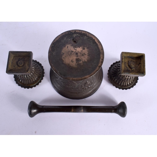 540 - A 19TH CENTURY EUROPEAN PESTLE AND MORTAR together with small pair of antique grand tour bronze urns... 