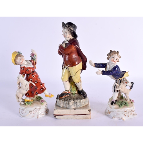 55 - AN 18TH/19TH CENTURY STAFFORDSHIRE FIGURE and a pair of small Continental porcelain figures. Largest... 