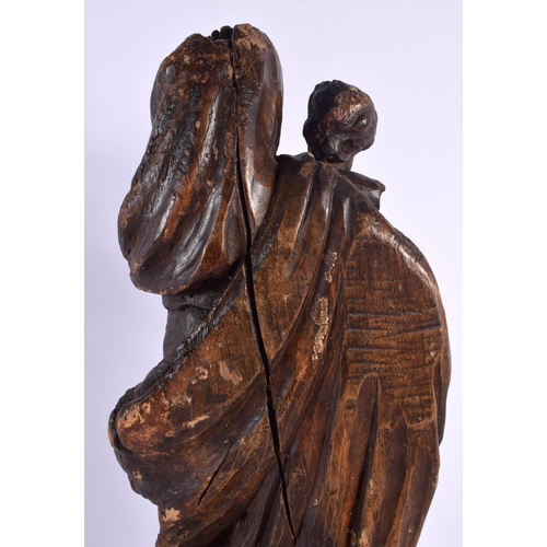 556 - A LARGE ANTIQUE CARVED EUROPEAN CARVED WOOD FIGURE OF A SAINT. 45 cm x 8 cm.