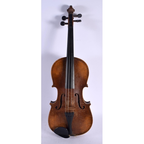 557 - A TWO PIECE BACK VIOLIN together with a bow by Ludwig Bausch (1829-1871). Violin 59 cm long, length ... 