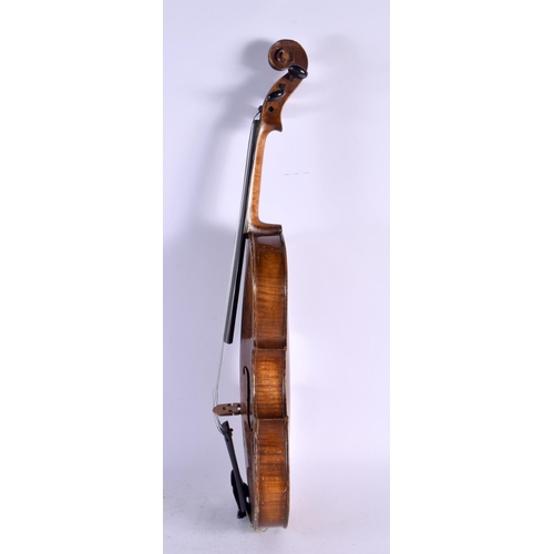 557 - A TWO PIECE BACK VIOLIN together with a bow by Ludwig Bausch (1829-1871). Violin 59 cm long, length ... 