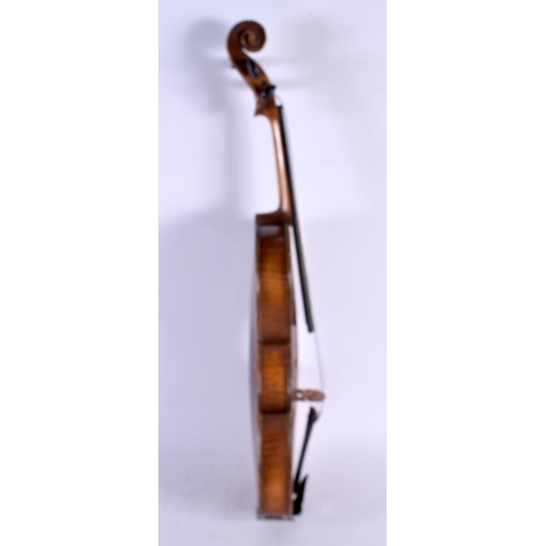 557 - A TWO PIECE BACK VIOLIN together with a bow by Ludwig Bausch (1829-1871). Violin 59 cm long, length ... 