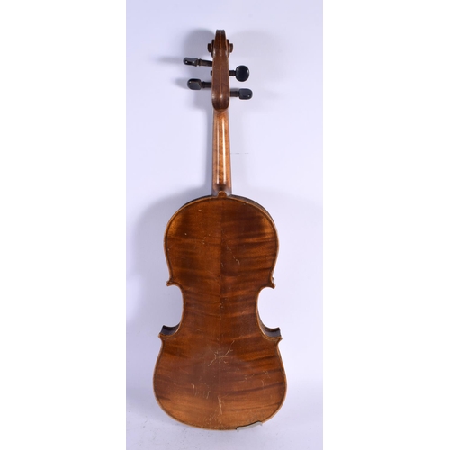 557 - A TWO PIECE BACK VIOLIN together with a bow by Ludwig Bausch (1829-1871). Violin 59 cm long, length ... 