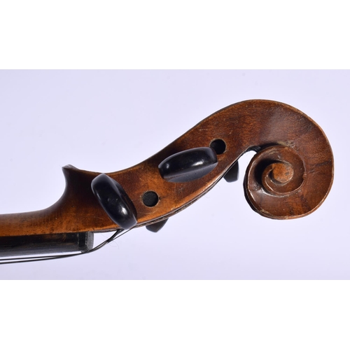 557 - A TWO PIECE BACK VIOLIN together with a bow by Ludwig Bausch (1829-1871). Violin 59 cm long, length ... 