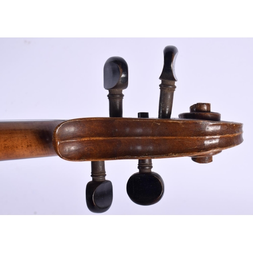 557 - A TWO PIECE BACK VIOLIN together with a bow by Ludwig Bausch (1829-1871). Violin 59 cm long, length ... 