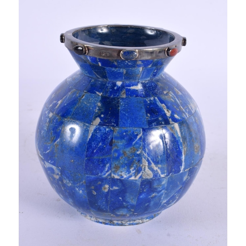 566 - A VINTAGE SILVER MOUNTED LAPIS LAZULI VASE. 11 cm x 9 cm.