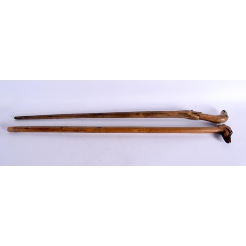 583 - TWO ANTIQUE FOLK ART WALKING CANES. 90 cm long. (2)