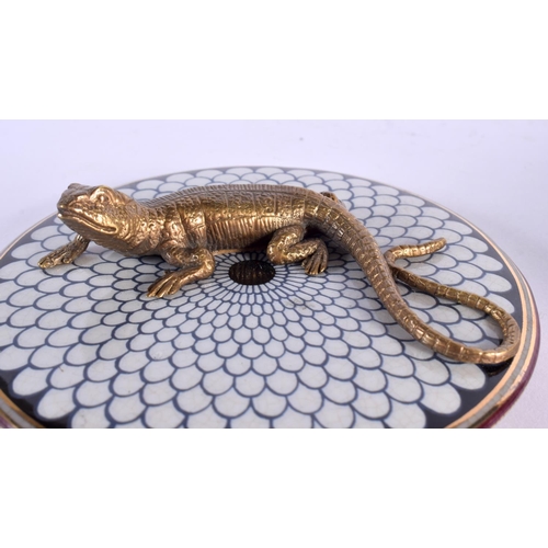 63 - A BRONZE AND POTTERY LIZARD BOX AND COVER. 12 cm wide.