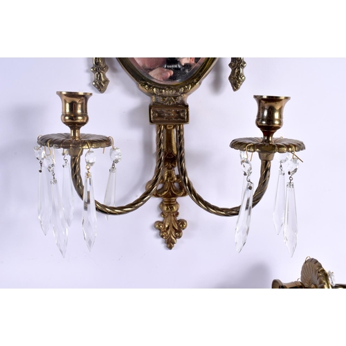 641 - A PAIR OF FRENCH GILT METAL CRYSTAL GLASS MIRRORED LUSTRE WALL HANGINGS. 60 cm x 22 cm.