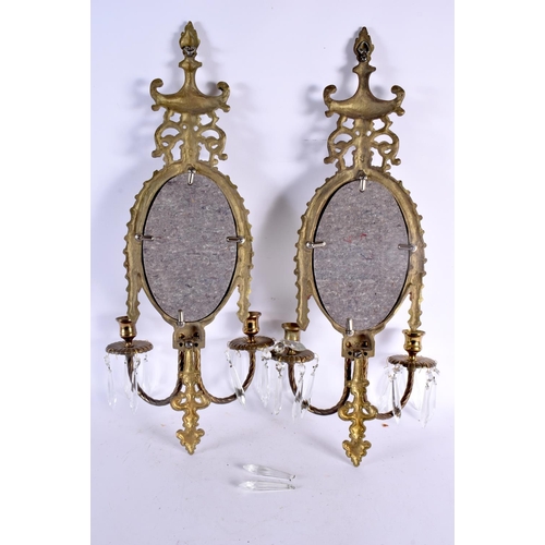 641 - A PAIR OF FRENCH GILT METAL CRYSTAL GLASS MIRRORED LUSTRE WALL HANGINGS. 60 cm x 22 cm.