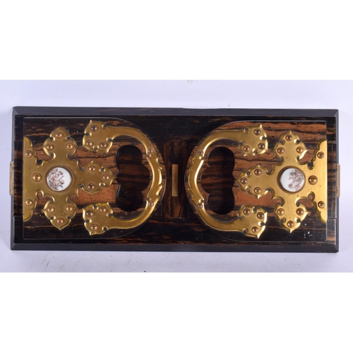 643 - A FINE MID 19TH CENTURY ENGLISH CARVED COROMANDEL AND ORMOLU DESK SET inset with enamelled roundels.... 