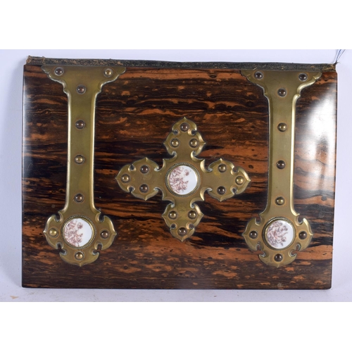 643 - A FINE MID 19TH CENTURY ENGLISH CARVED COROMANDEL AND ORMOLU DESK SET inset with enamelled roundels.... 