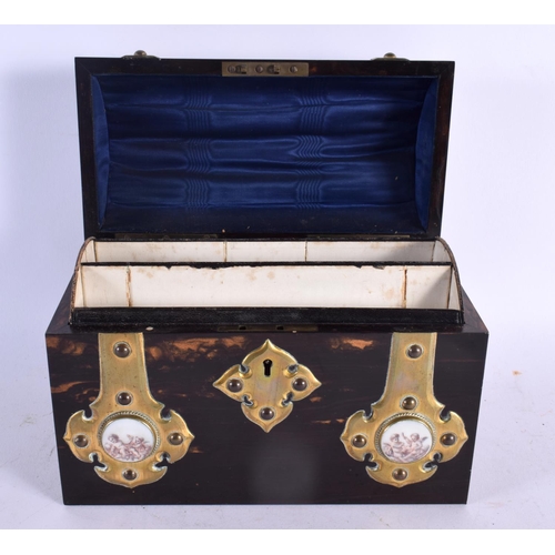 643 - A FINE MID 19TH CENTURY ENGLISH CARVED COROMANDEL AND ORMOLU DESK SET inset with enamelled roundels.... 