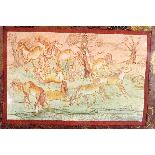 647 - A MIDDLE EASTERN FRAMED SILK WATERCOLOUR depicting horses. 40 cm x 32 cm.