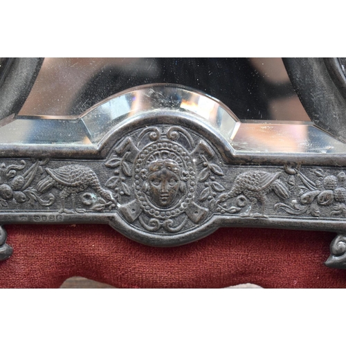 666 - A GOOD LARGE VICTORIAN SILVER MIRROR decorated with animals and mask heads. 40 cm x 36 cm.