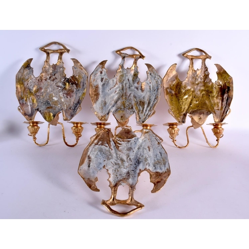 675 - A SET OF FOUR CONTEMPORARY GILT BRONZE BAT WALL SCONCES. 30 cm x 27 cm. (4)