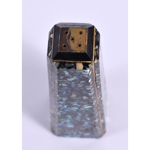 680C - AN UNUSUAL EARLY 20TH CENTURY MOTHER OF PEARL INLAID CONDIMENT. 11 cm high.