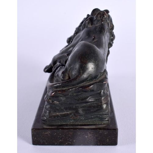 680D - A 19TH CENTURY EUROPEAN GRAND TOUR BRONZE FIGURE OF A LION with central inscription. 12 cm x 9 cm.