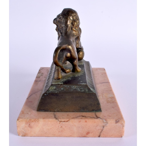 680E - A LATE 19TH CENTURY EUROPEAN BRONZE FIGURE OF A LION Waterloo, upon a pink marble. 14 cm x 12 cm.