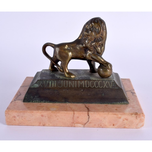 680E - A LATE 19TH CENTURY EUROPEAN BRONZE FIGURE OF A LION Waterloo, upon a pink marble. 14 cm x 12 cm.