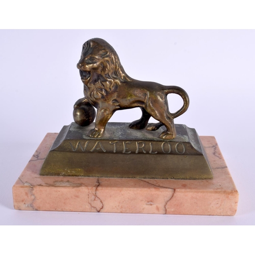 680E - A LATE 19TH CENTURY EUROPEAN BRONZE FIGURE OF A LION Waterloo, upon a pink marble. 14 cm x 12 cm.