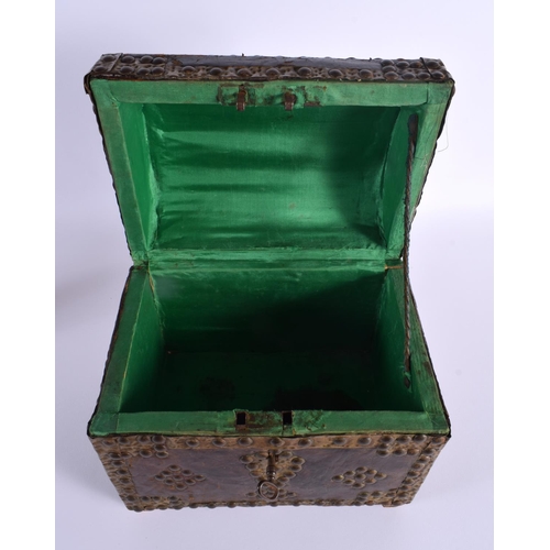 685B - A CHARMING 19TH CENTURY EUROPEAN LEATHER AND BRASS BOUND CASKET decorated with roundels. 27 cm x 27 ... 