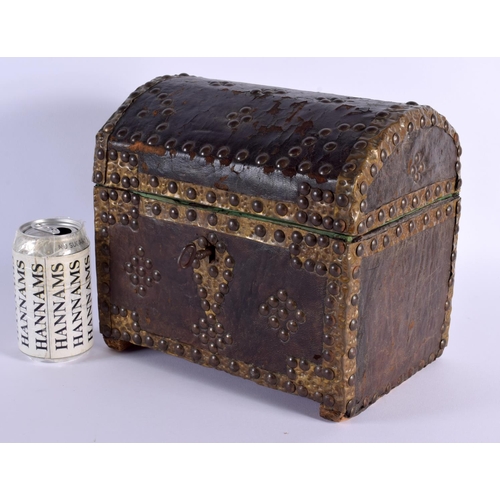 685B - A CHARMING 19TH CENTURY EUROPEAN LEATHER AND BRASS BOUND CASKET decorated with roundels. 27 cm x 27 ... 