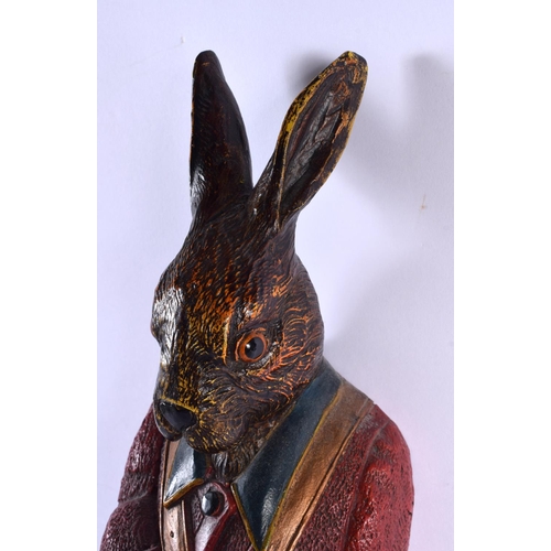 686 - A CHARMING BLACK FOREST STYLE HANGING HUNTING RABBIT DOUBLE COAT HOOK. 42 cm x 9 cm.