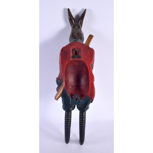 686 - A CHARMING BLACK FOREST STYLE HANGING HUNTING RABBIT DOUBLE COAT HOOK. 42 cm x 9 cm.