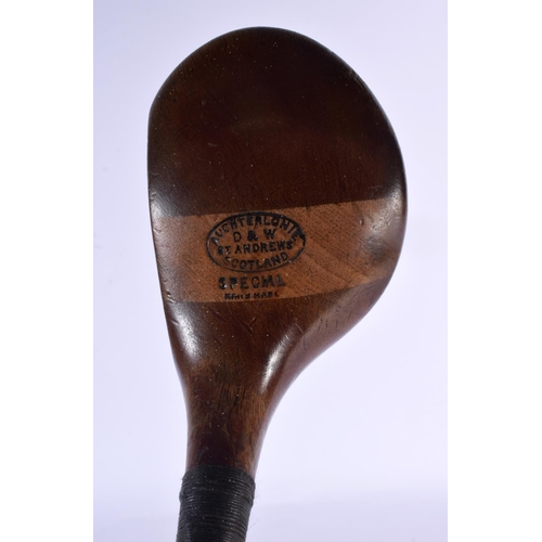 691 - A D & W AUCHTERLONIE OF ST ANDREWS PERSIMMON WOOD DRIVING GOLF CLUB with hickory shaft. 110 cm long.