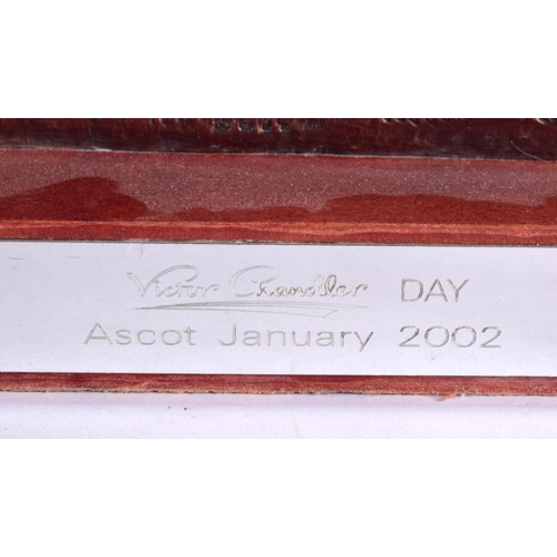 695 - A SILVER OVERLAID VICTOR CHANDLER HORSE RACING ASCOT 2002 PRESENTATION TROPHY. 32 cm x 32 cm.