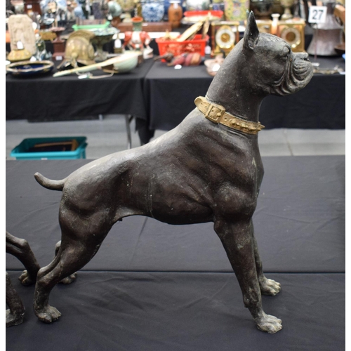 698 - A LARGE PAIR OF CONTEMPORARY BRONZE FIGURES OF GUARD DOGS. 60 cm x 50 cm.